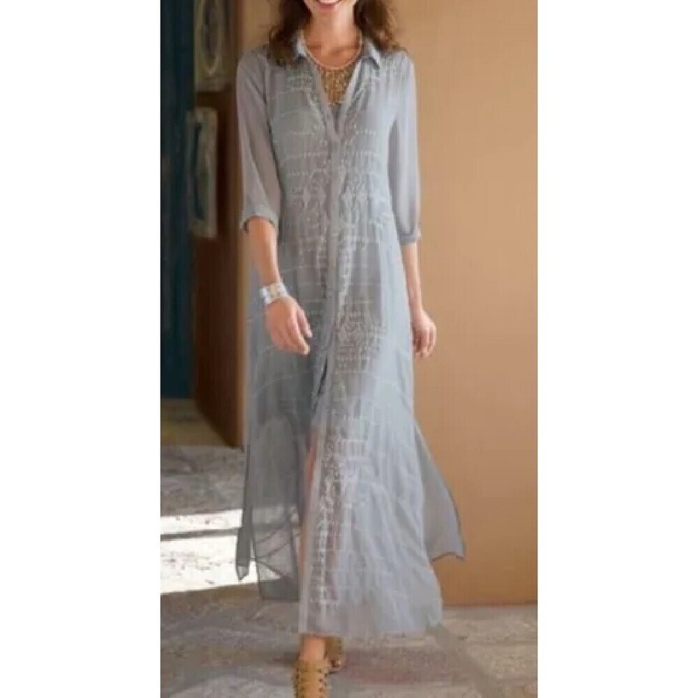 Soft Surroundings Ibiza Embroidered Maxi Dress Mountain Mist SZ Petite XS